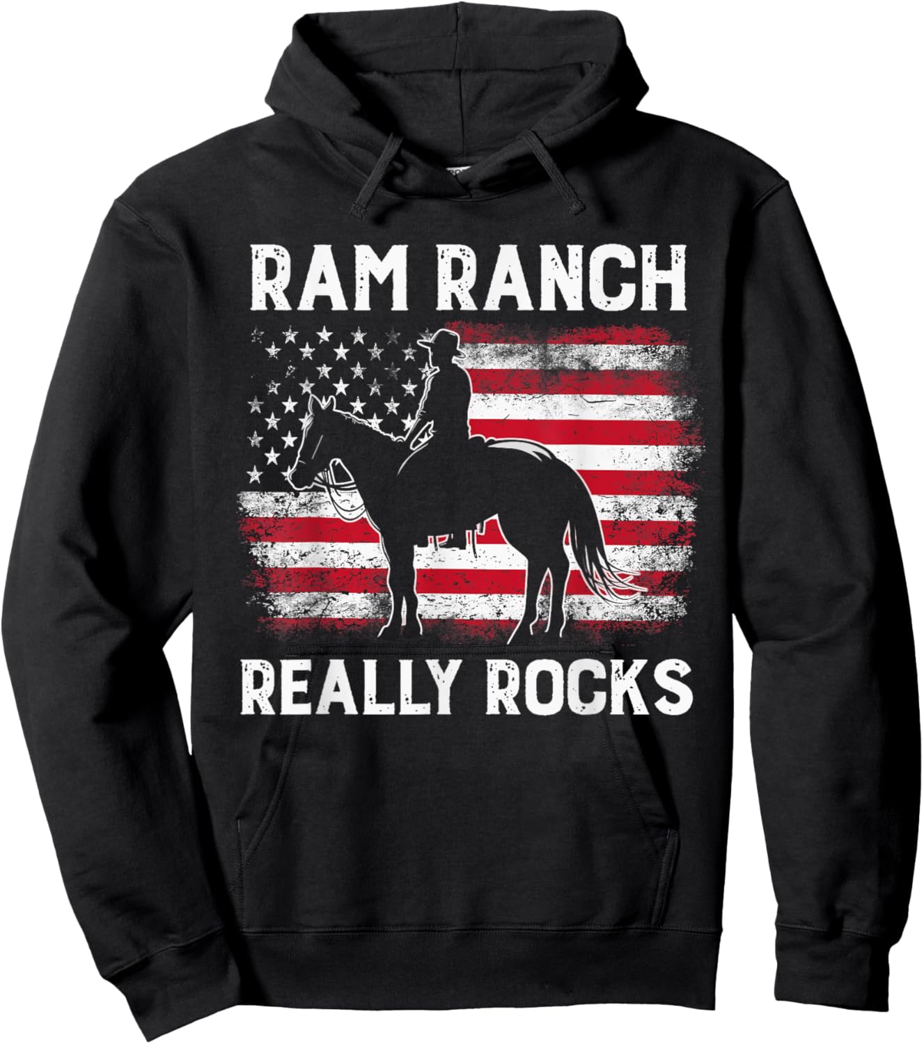 Ram Ranch Really Rocks Western Cowboy Horseback USA Flag Hoodie - Hoodie | Black