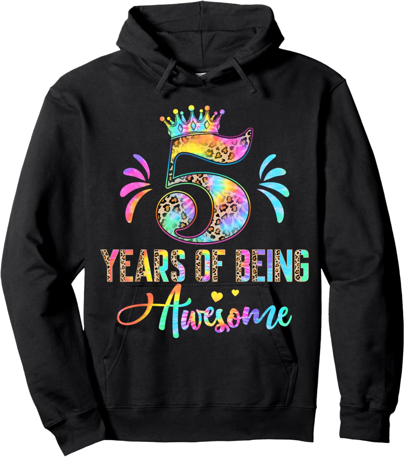Kids Five Year Old Rainbow 5th Birthday Leopard For Girls 5 Hoodie - Hoodie | Black