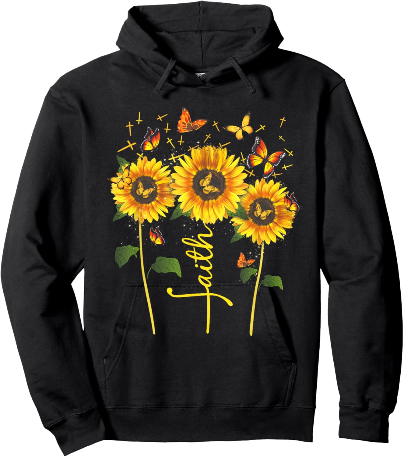 Vintage Faith Cross Sunflower Butterflies Flowers Christians Hoodie - Hoodie | Black
