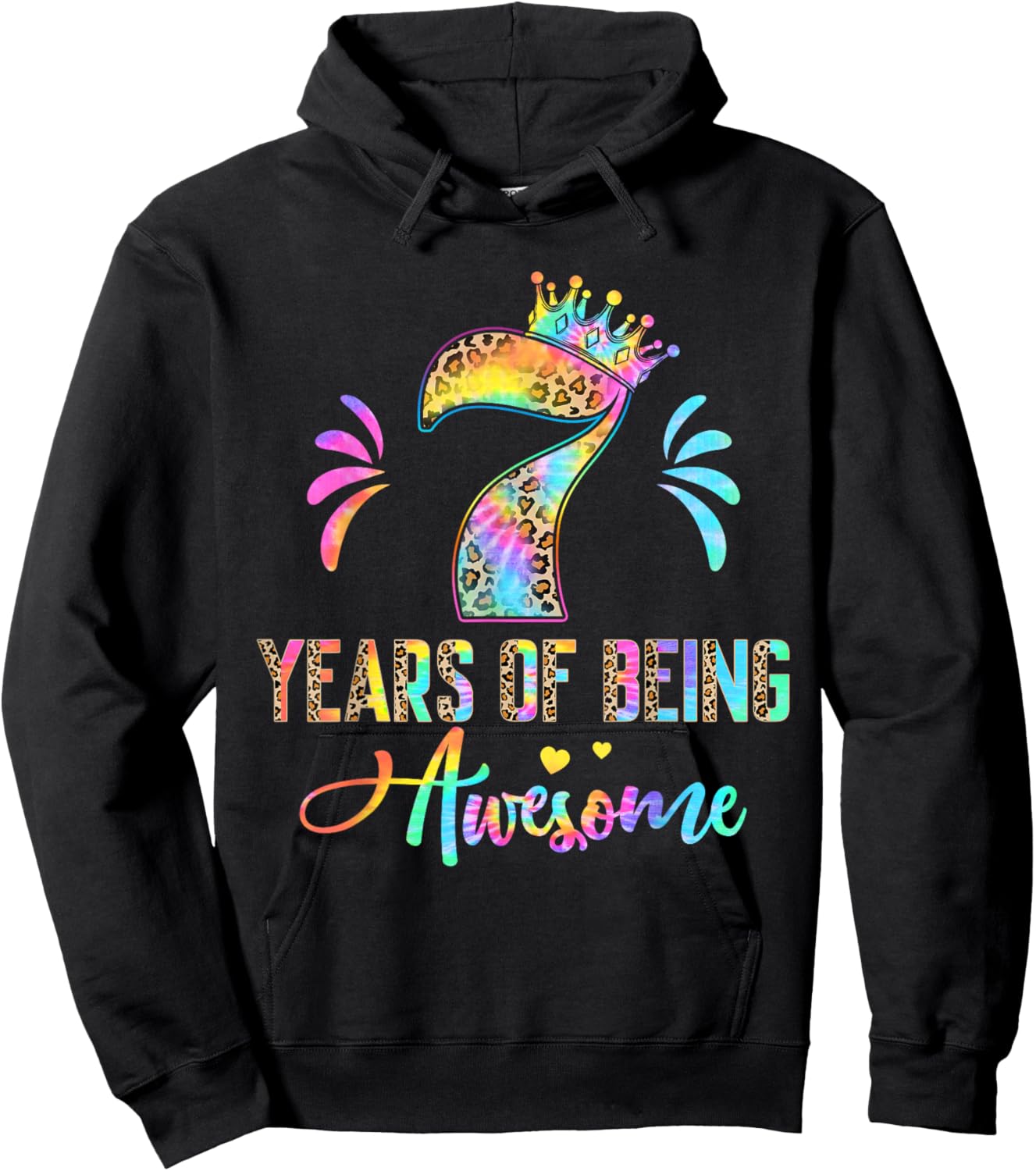 Kids Seven Year Old Rainbow 7th Birthday Leopard For Girls 7 Hoodie - Hoodie | Black
