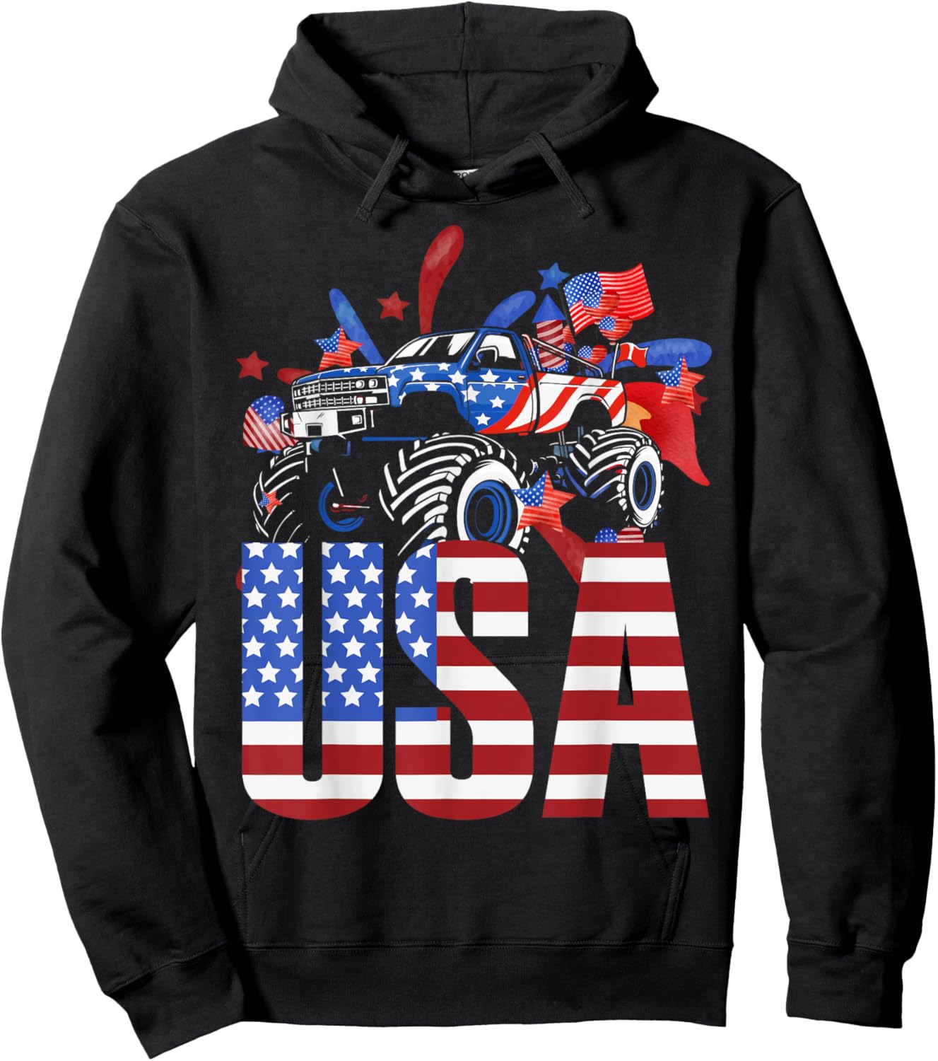Monster Truck Toddler Boys USA American Flag July 4th Small Hoodie - Hoodie | Black