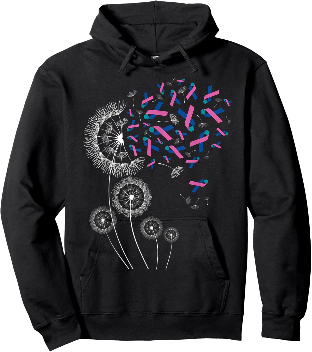 Teal Pink Blue Ribbon & Dandelion Thyroid Cancer Awareness Hoodie - Hoodie | Black