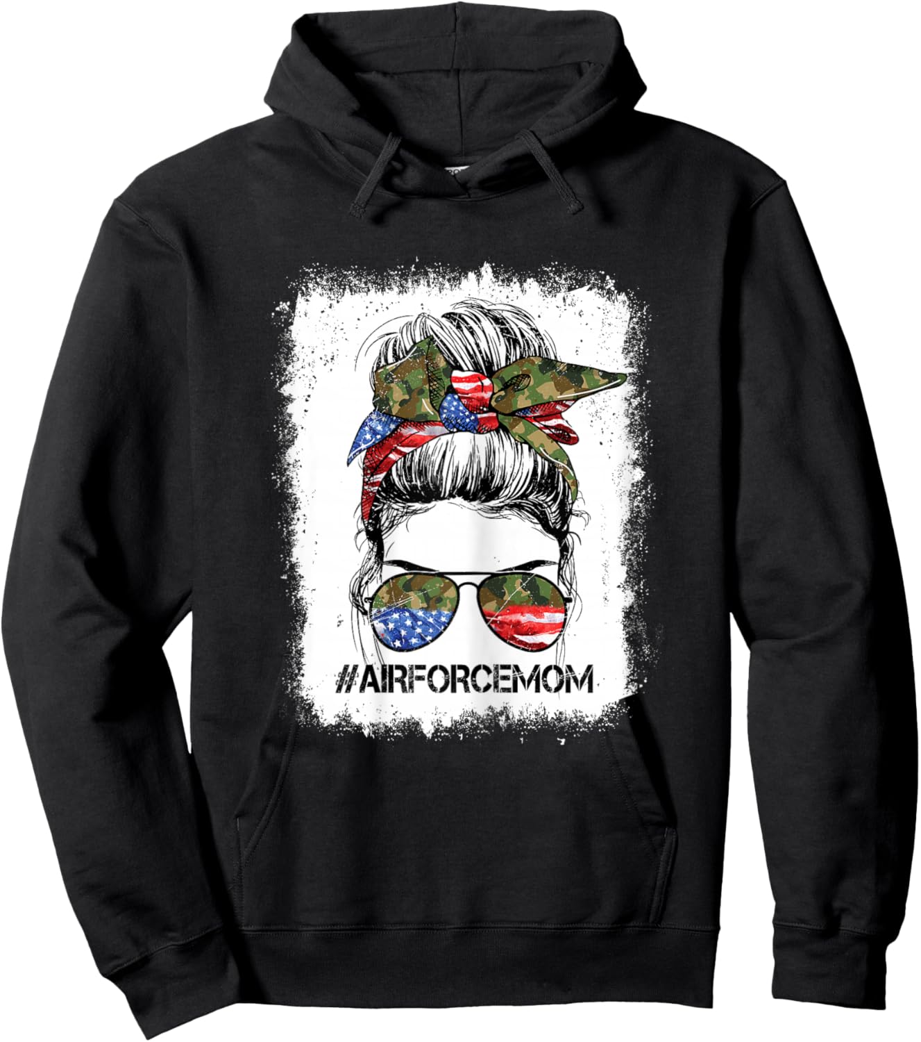 All American Airforce Mom Messy Bun US Flag 4th of July Hoodie - Hoodie | Black