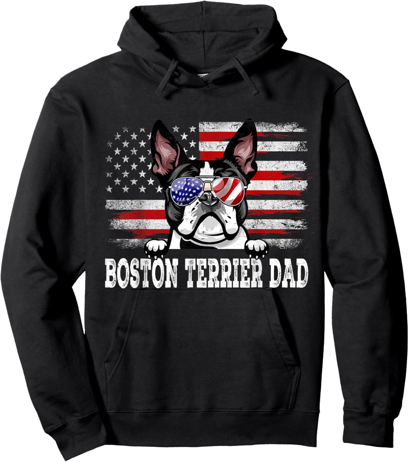 Vintage Boston Terrier Dad American Flag Father's Day Hoodie - Hoodie | Black