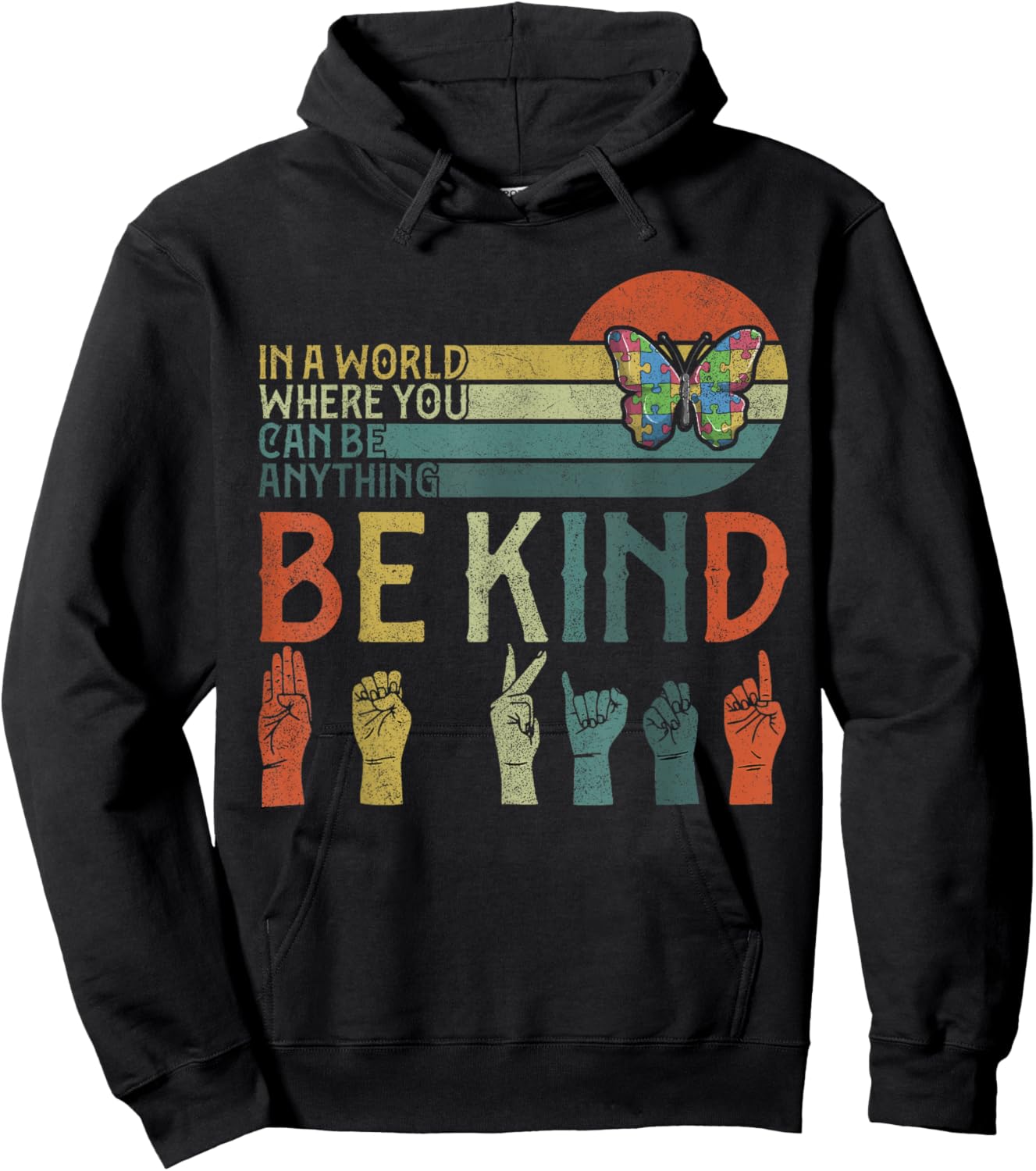 ASL Be Kind , Autism Awareness Butterfly Boy Kid Girl Hoodie - Hoodie | Black