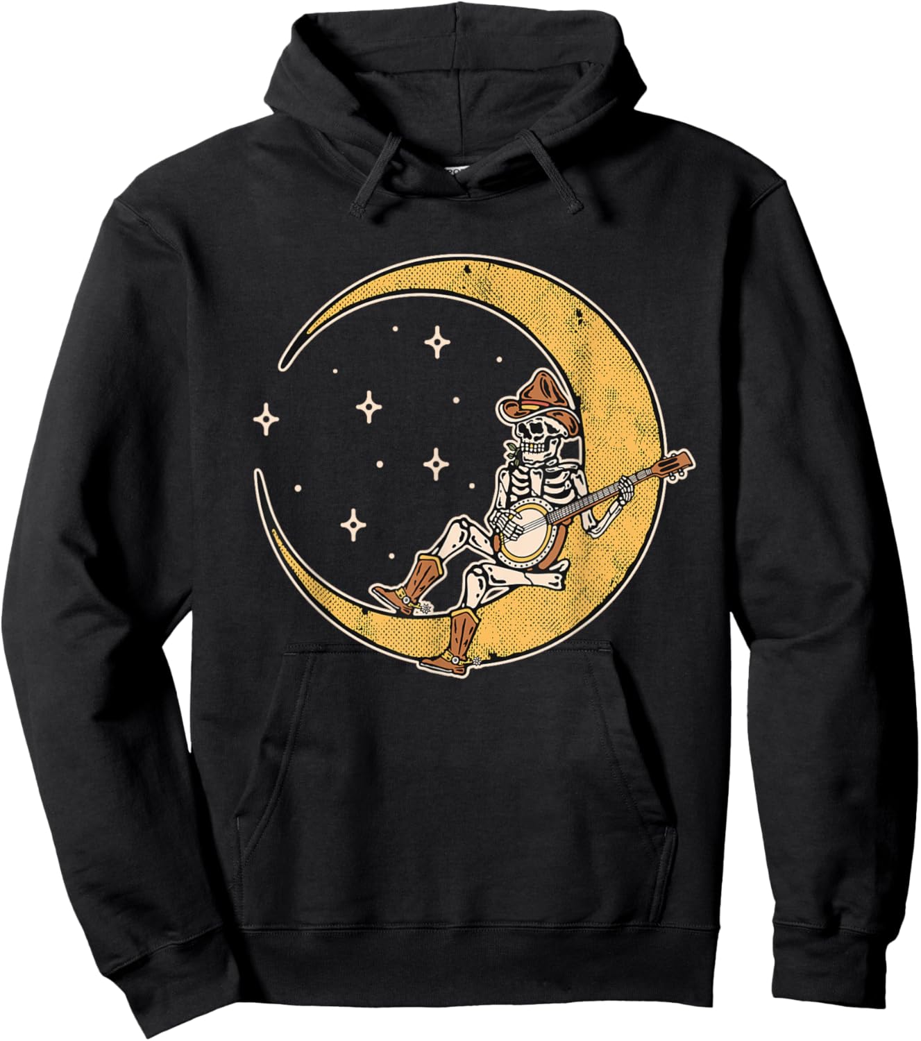 Skeleton Banjo Player Moon Country Music Cowboy Outlaw Funny Hoodie - Hoodie | Black