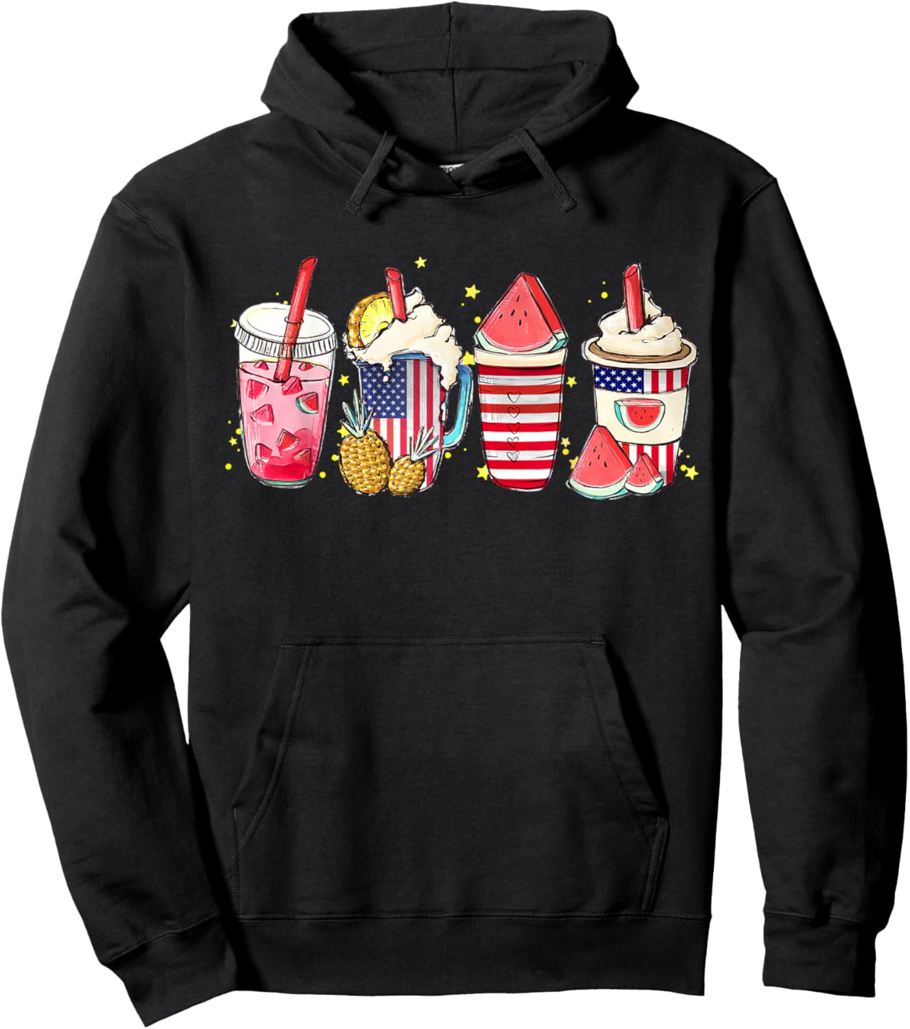4th of July Coffee Lover Iced Latte Watermelon Slush Hoodie - Hoodie | Black