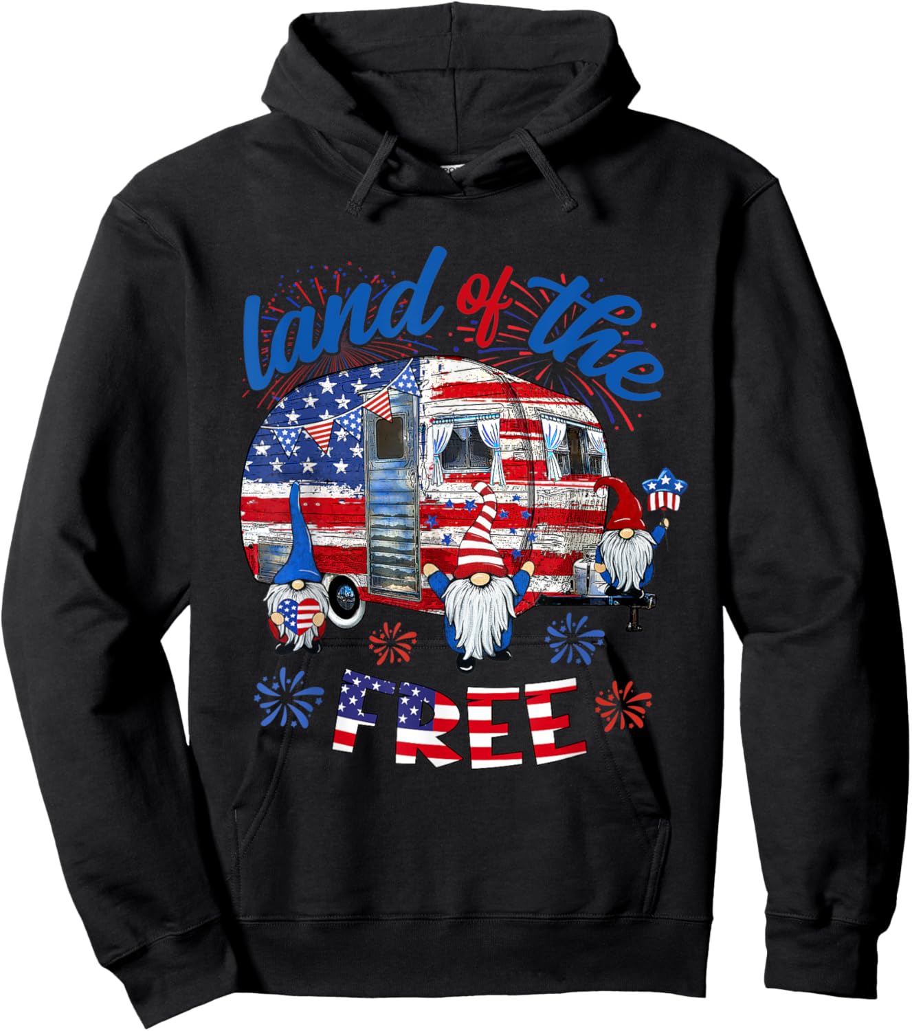Land Of The Free American Flag Gnomes Camping July 4th Truck Women Men Hoodie - Hoodie | Black