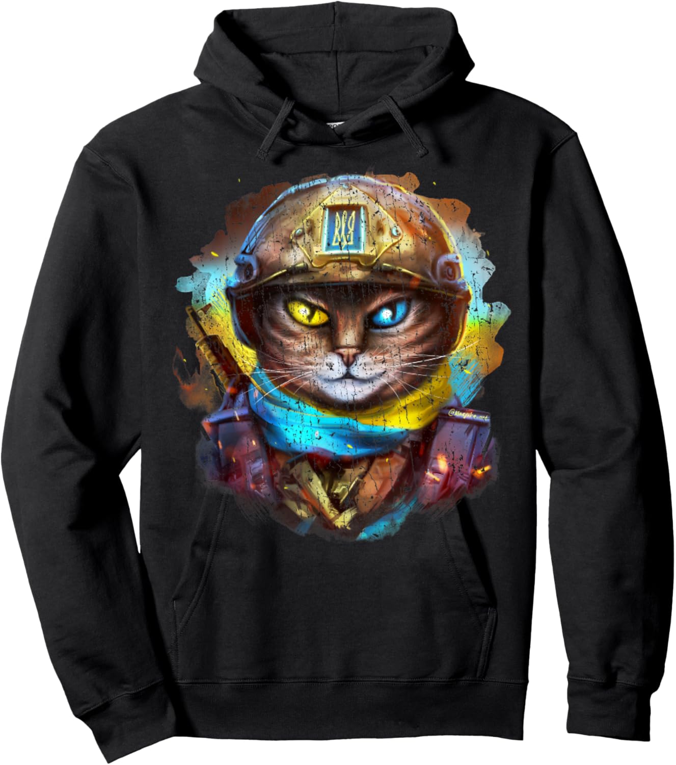 Funny Cat Ukrainian Soldier Flag Vintage Support Ukraine Women Kids Hoodie - Hoodie | Black