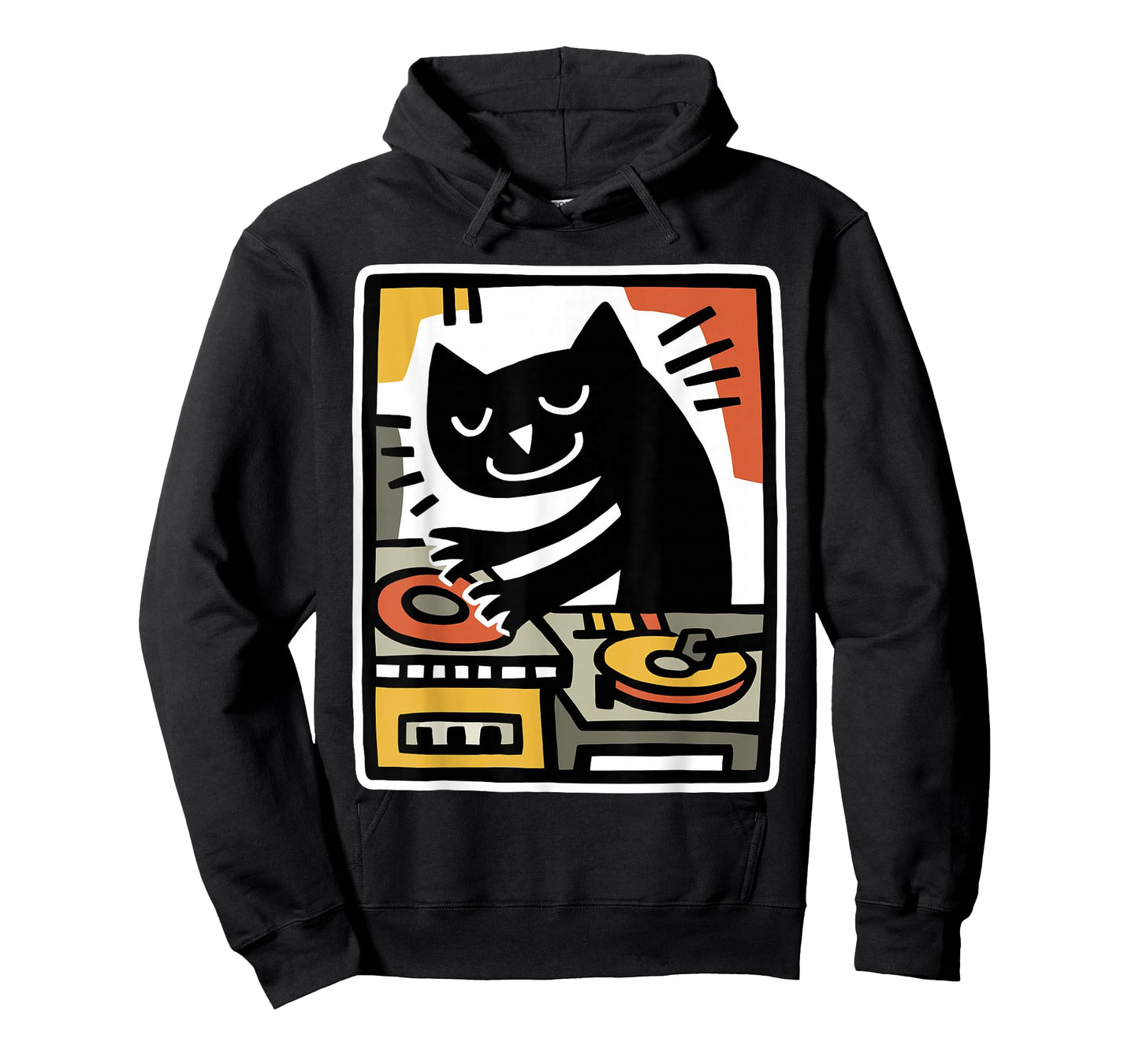 Cool Black Cat DJ Mixing Records Retro Folk Art Illustration T-Shirt