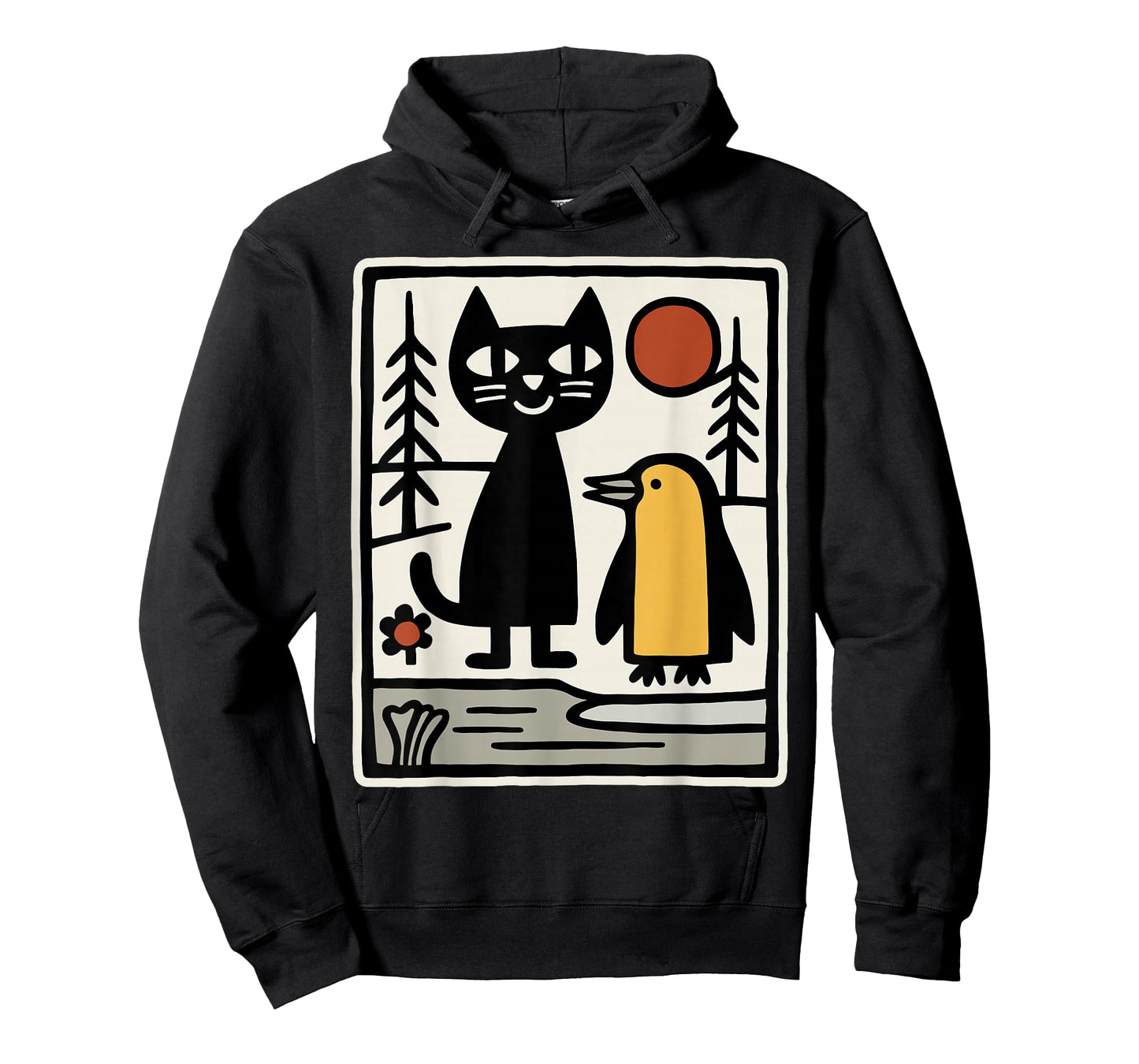 Black Cat and Penguin Winter Animals Cute Snow Scene T-Shirt