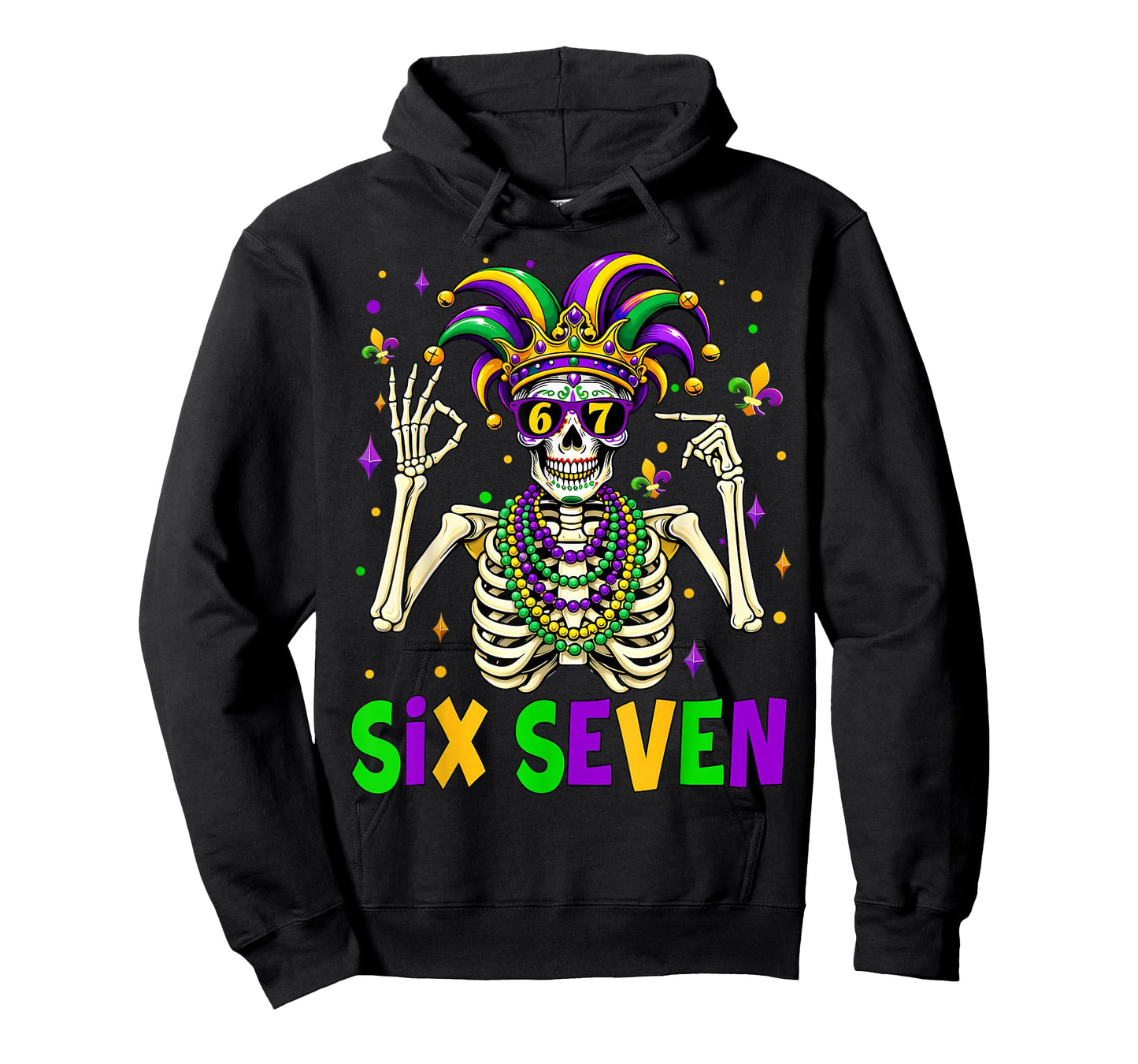 Funny 67 Mardi Gras Skeleton 6 7 Meme Mask Beads Six Seven T-Shirt