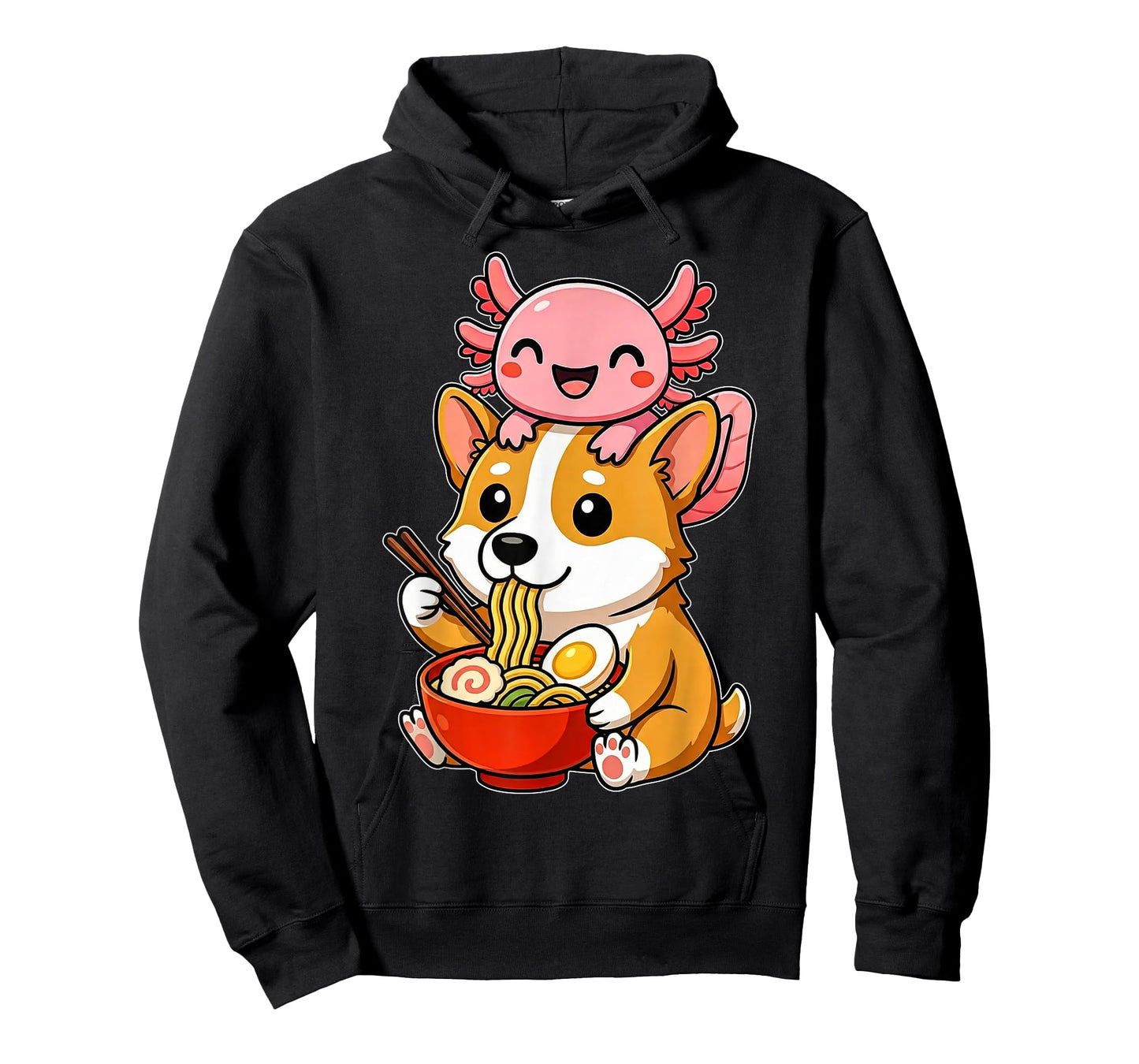 Funny Cute Axolotl and Corgi Dog Eating Ramen Anime Noodle T-Shirt