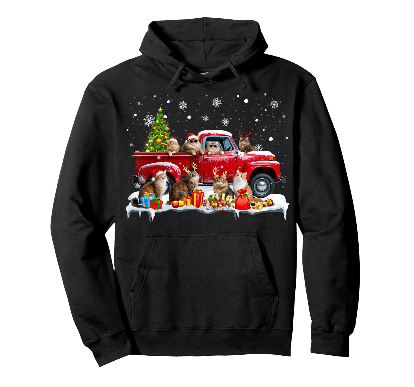 Maine Coon Cat Red Truck Christmas Tree Santa Ugly Xmas T-Shirt