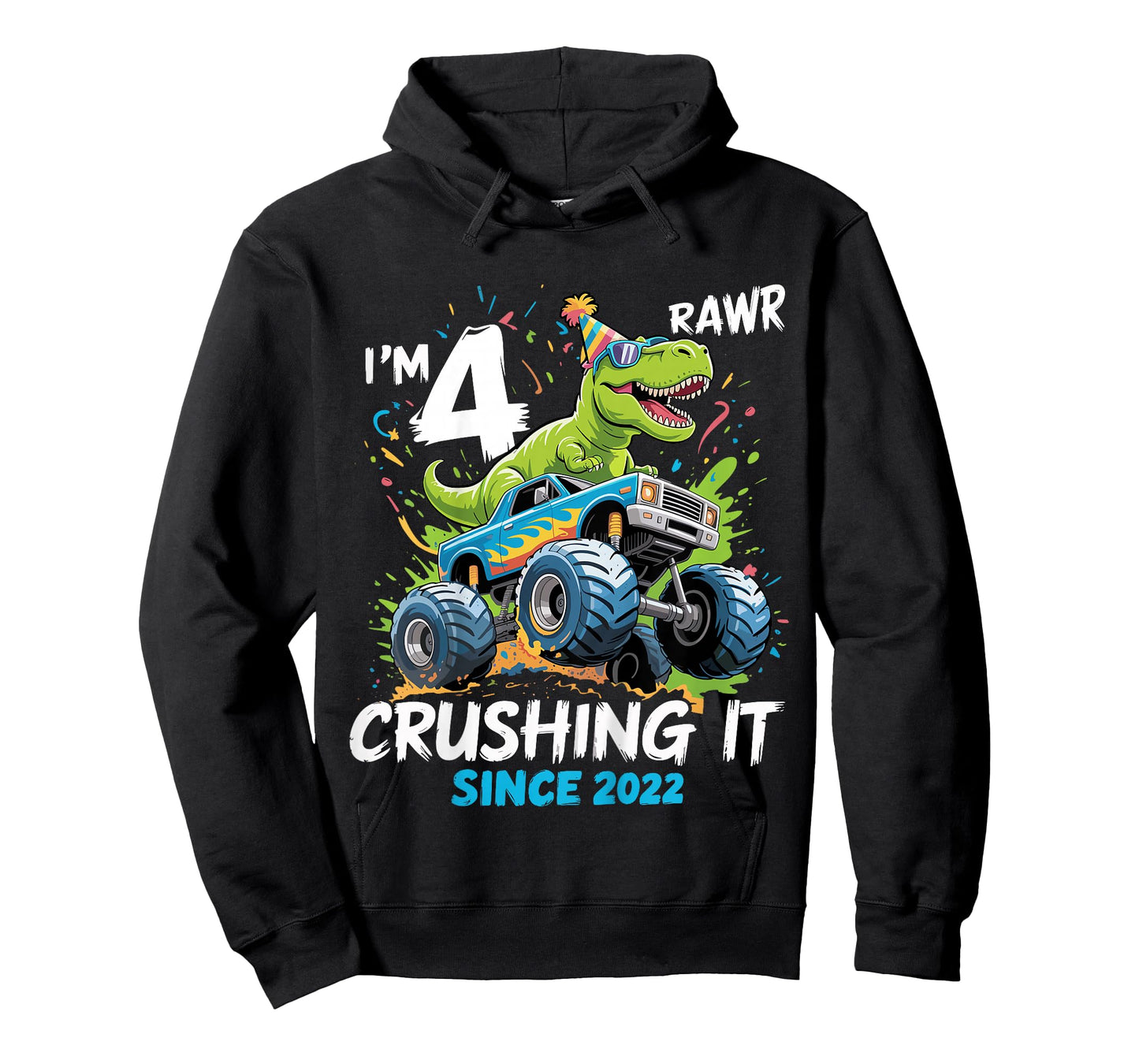 Kids 4th Birthday Monster Truck Dinosaur 4 Year Old boy Born 2022 T-Shirt