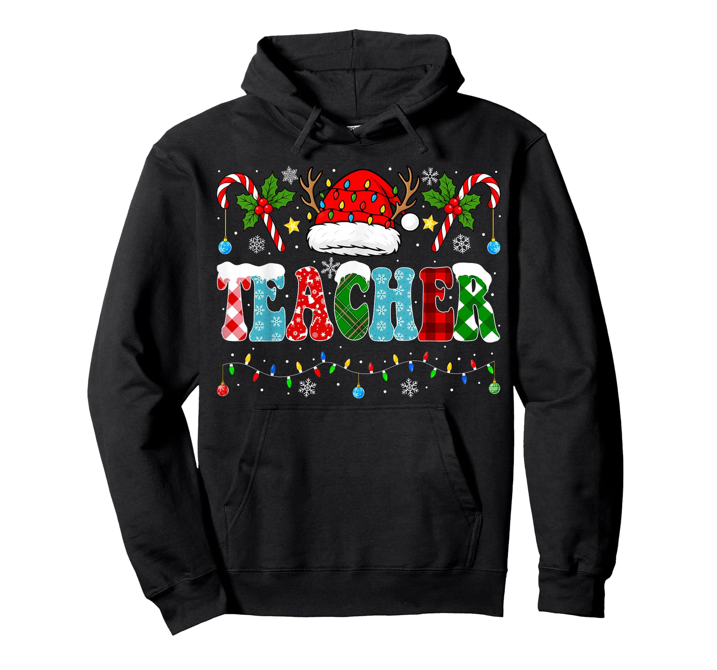 Santa Hat Teacher Christmas Lights Funny Christmas Teacher T-Shirt