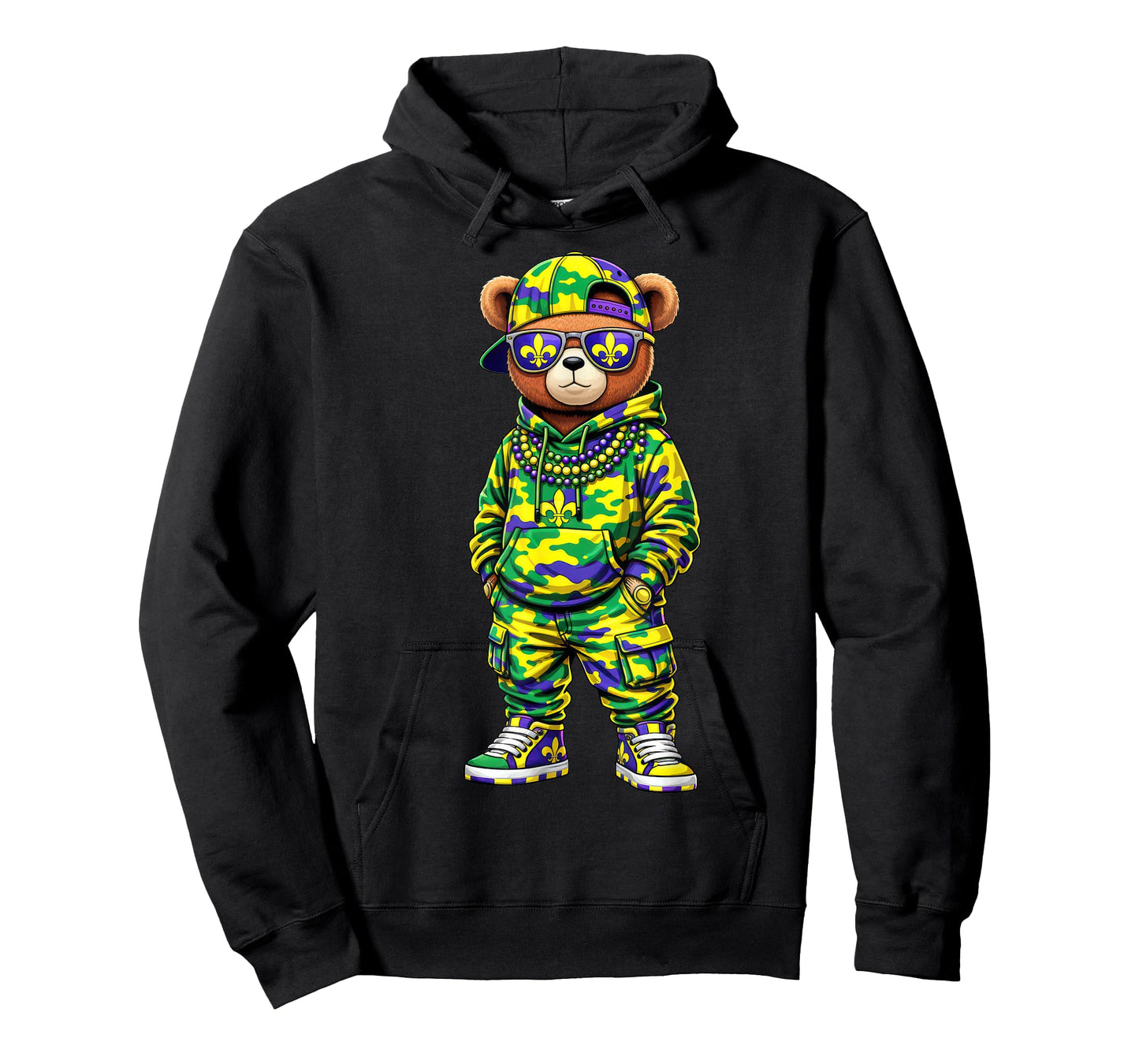 Madi Gras Camo Hip Hop Teddy Bear Cool Rapper Boys Mens Kids T-Shirt