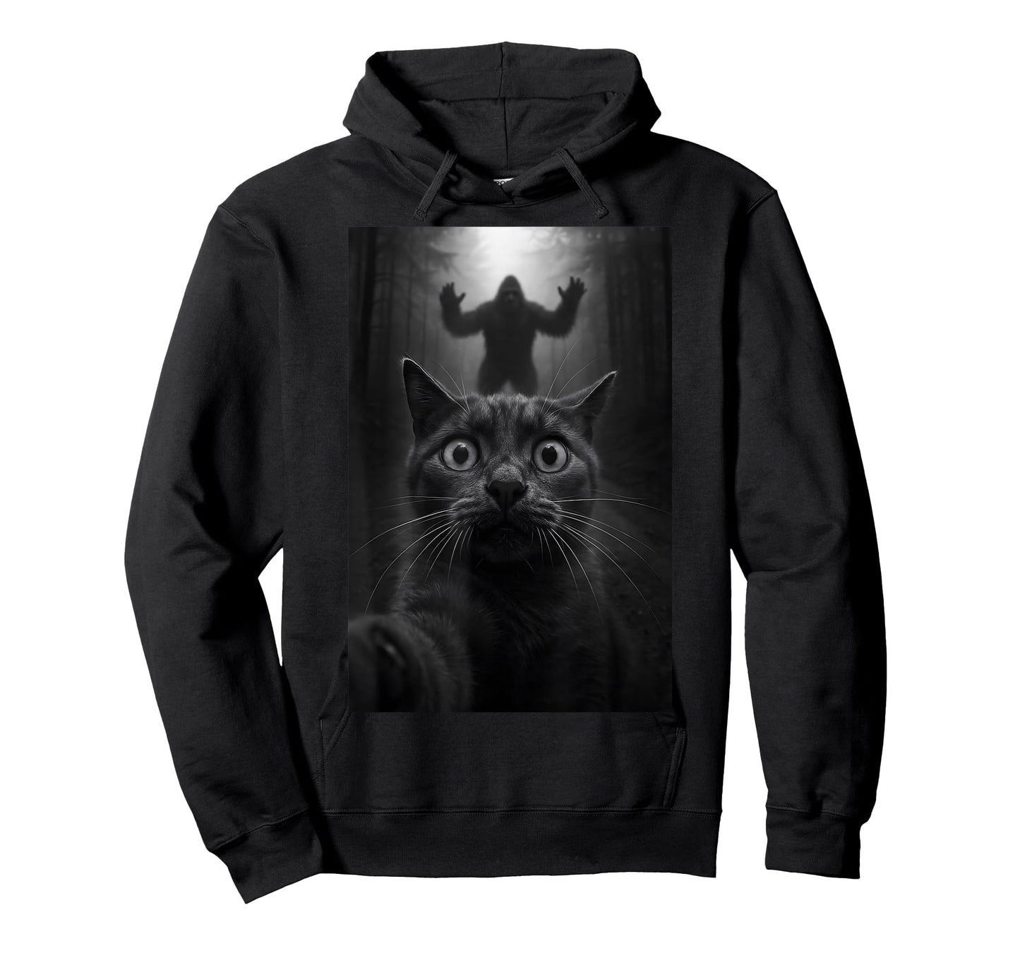 Shocked Black Cat Selfie with Bigfoot Funny for Kids Teens T-Shirt