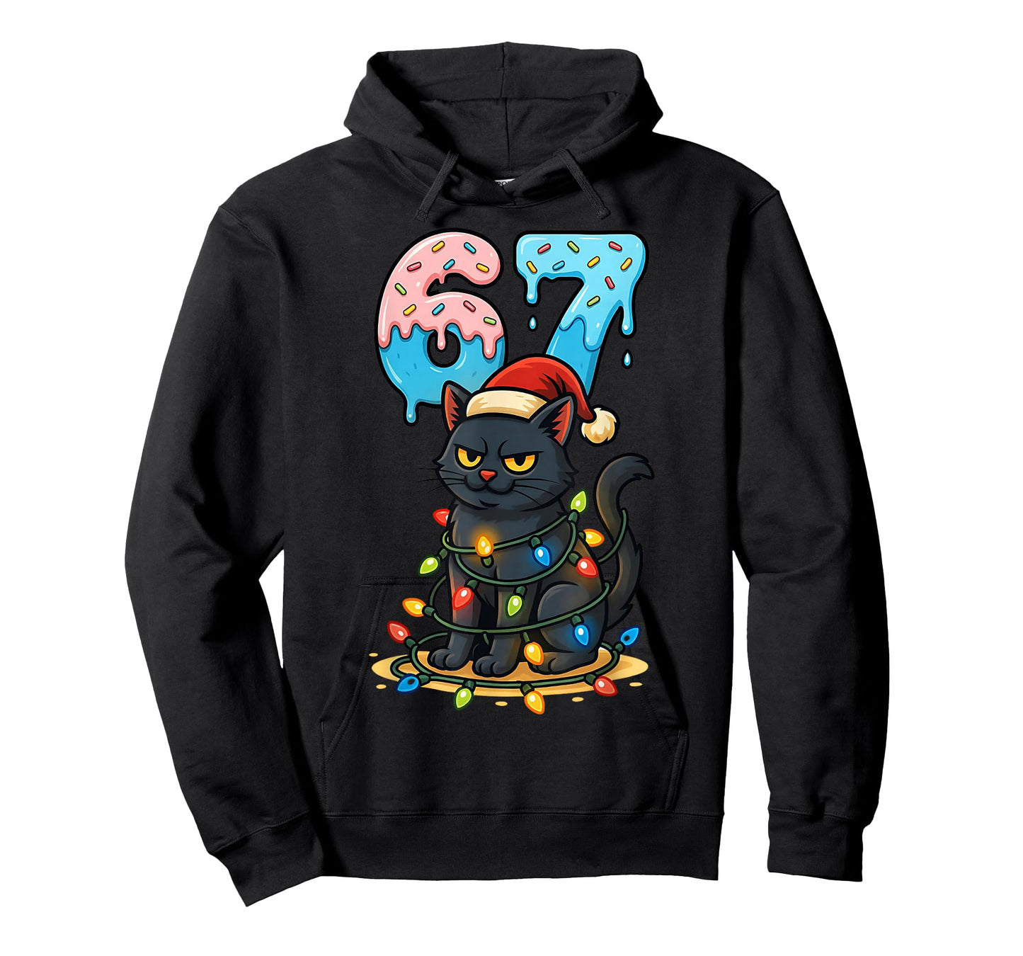 67 Black Cat Santa Hat Christmas Lights Drip for Girls Women T-Shirt