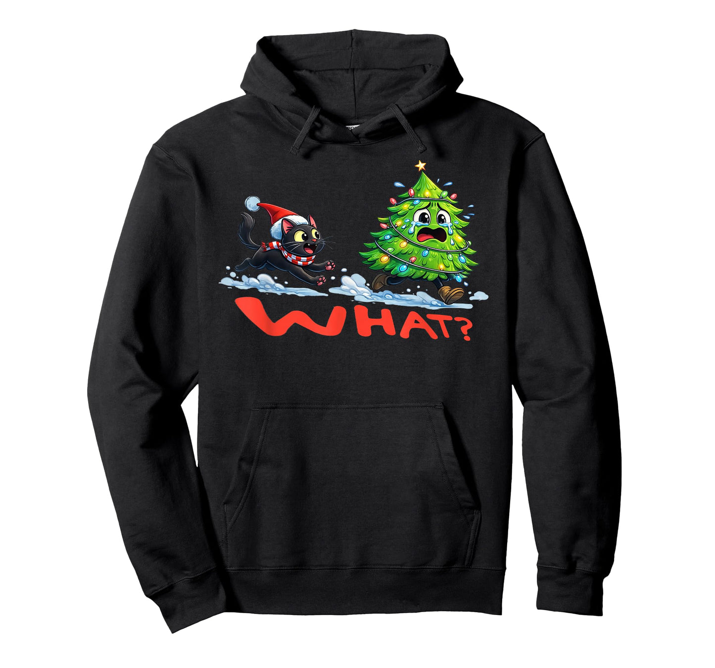 Funny Black Cat Gifts Chasing Christmas Tree Over Cat What? T-Shirt