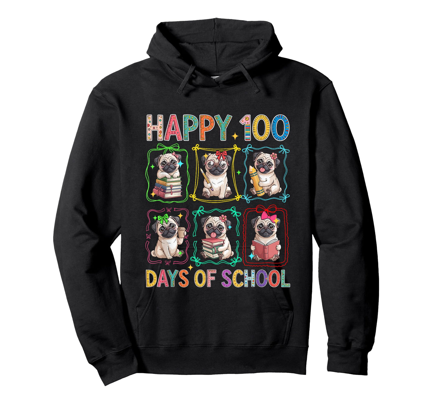 Happy 100 Days of School Colorful Group Pugs Students Kids T-Shirt