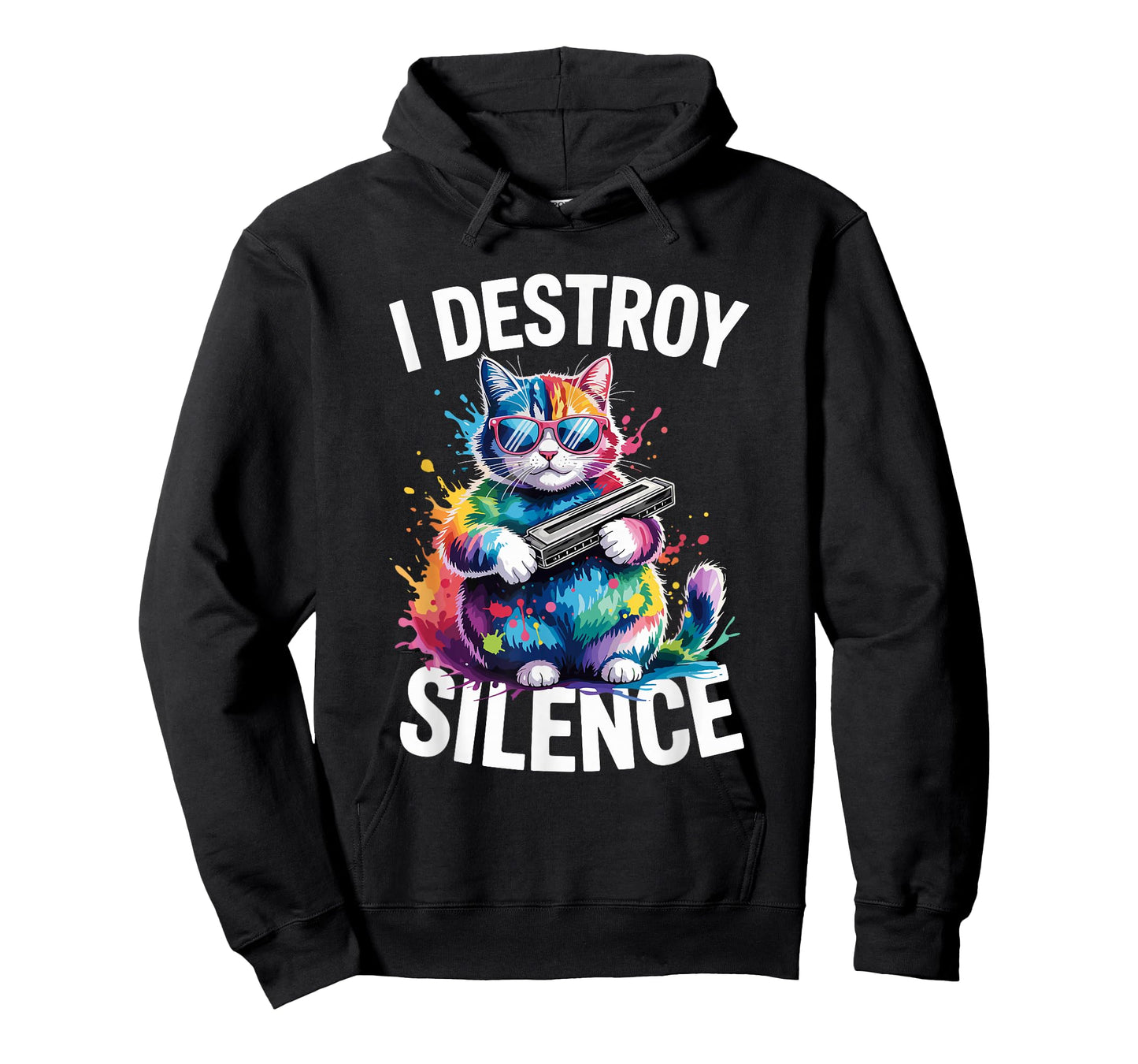 I Destroy Silence Rainbow Cat Harmonica Music T-Shirt
