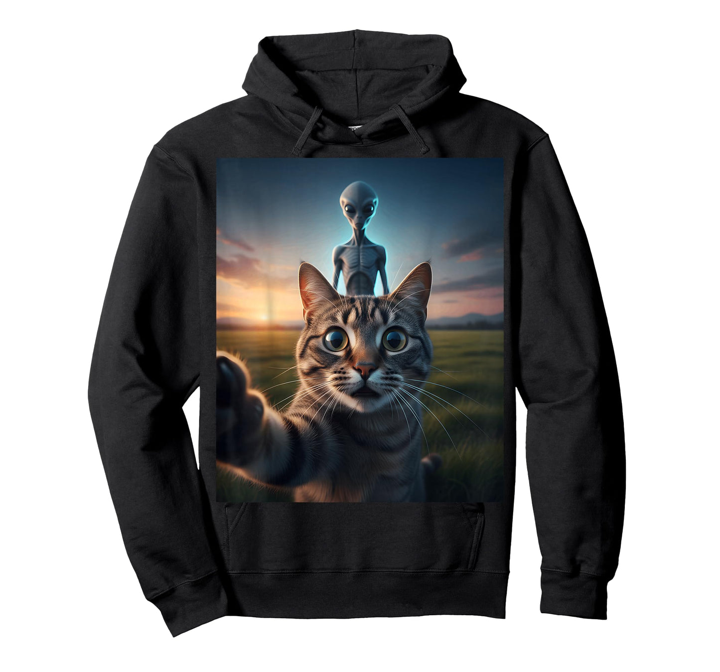 Cat Selfie with Alien on The Back Funny for Kids Teens Adult T-Shirt