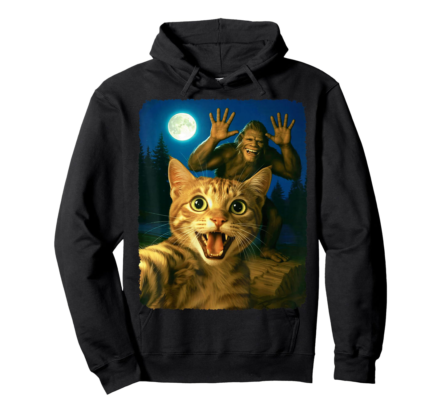 Scared Cat Selfie with Bigfoot Funny Sasquatch Cat Meme Cute T-Shirt