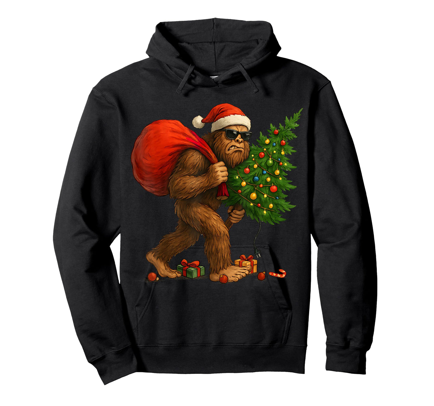 Bigfoot Stealing Christmas Tree Lights Xmas Boys Men Sasquax T-Shirt