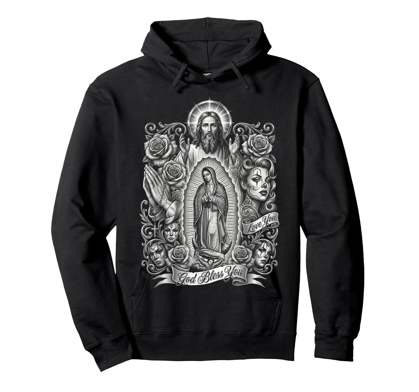 Chicano Style Payasa Jesus Virgin Mary Rosary Religious Art T-Shirt