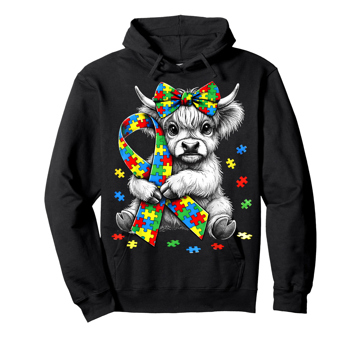 Highland Cow Autism Awareness Puzzle Ribbon Coquette Bow T-Shirt