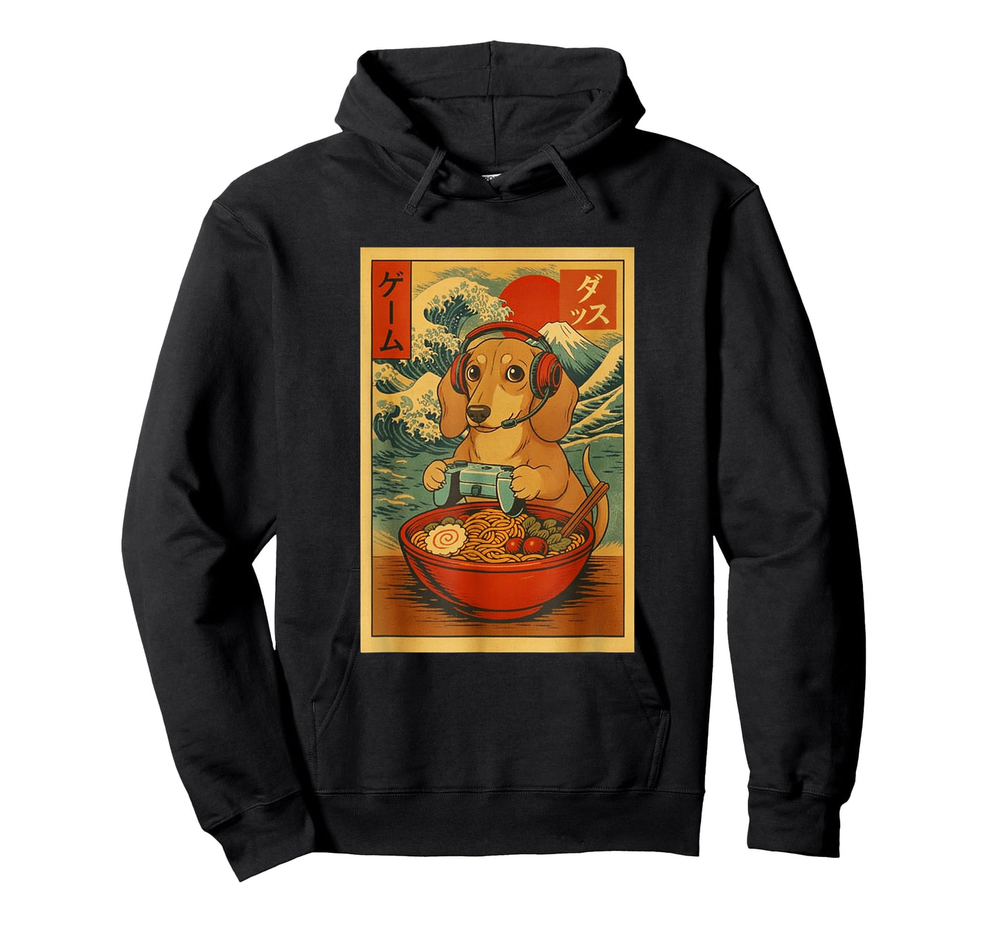 Dachshund Gaming Ramen Japanese Ukiyo-e Great Wave Retro Art T-Shirt