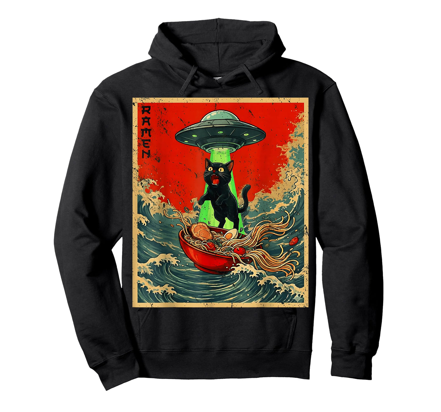 Vintage Japanese Cat Alien Ramen Dad UFO Funny Cats Graphics T-Shirt