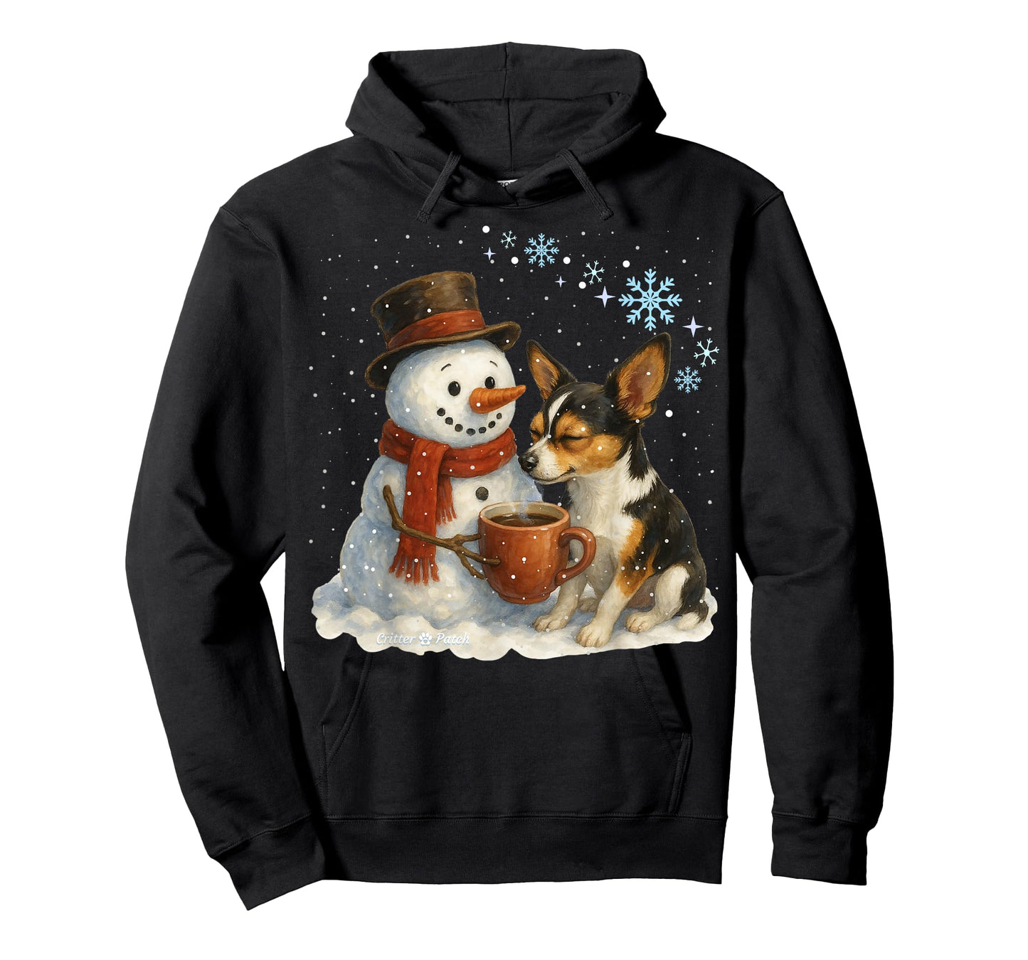 Tricolor Chihuahua and Snowman Friends Share Coffee in Snow T-Shirt