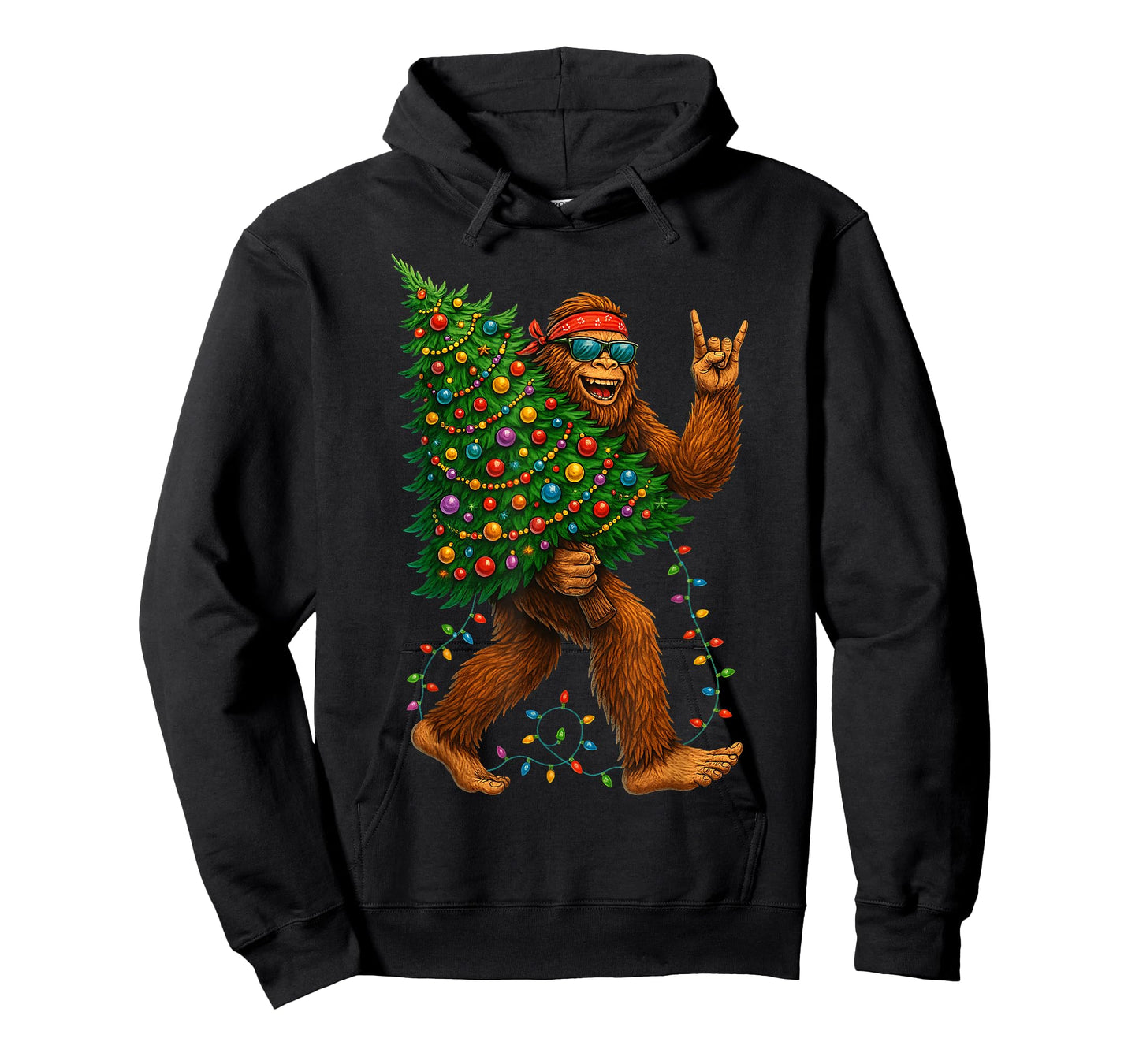 Rockin Christmas Bigfoot Carrying Tree Fun Xmas Rock n Roll T-Shirt
