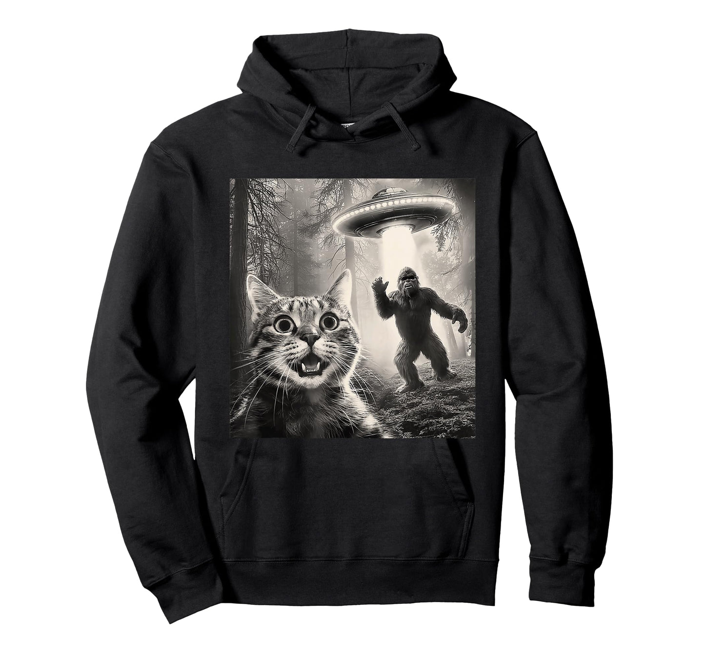 Cat Selfie Forest Trees Alien UFO Bigfoot Humor Sasquatch T-Shirt
