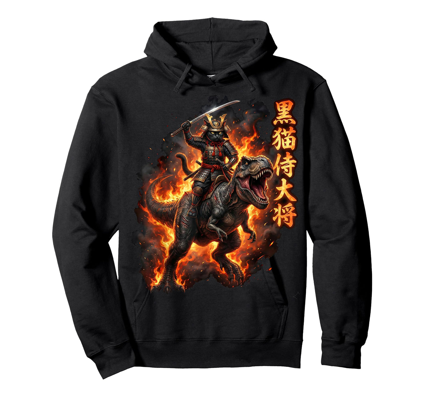 Samurai Cat Riding Dinosaur Japanese Black Cat Kanji T-Shirt