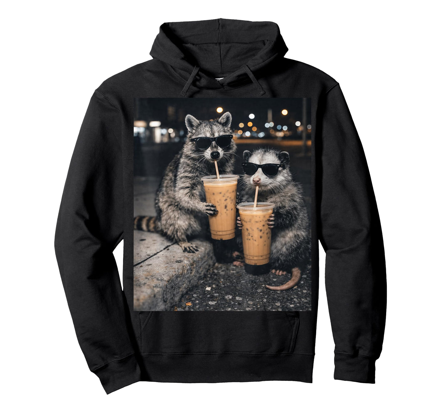 Funny Raccoon and Opossum Drinking Iced Coffee. Cute Animal T-Shirt