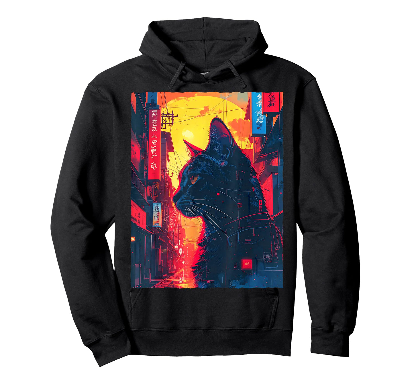 Japanese Street Black Cat Retro Future Sci-Fi Art T-Shirt