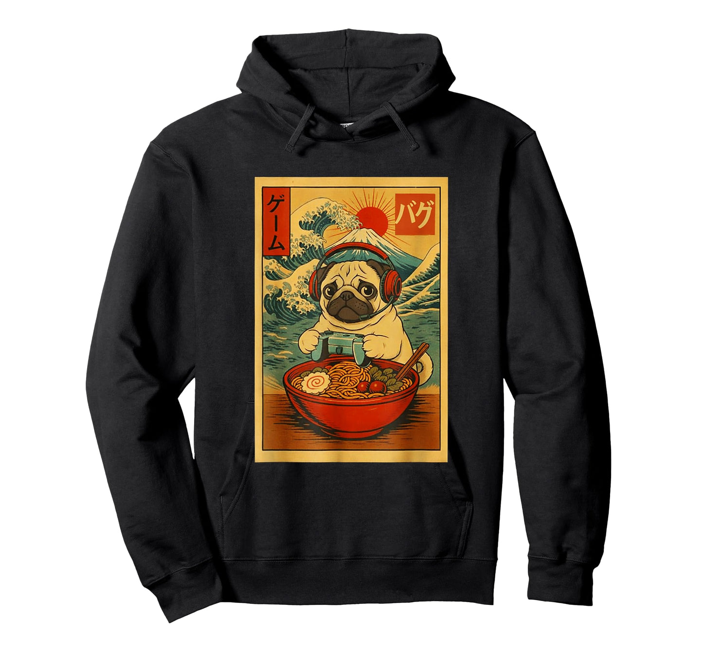 Pug Dog Gaming Ramen Japanese Ukiyo-e Great Wave Retro Art T-Shirt
