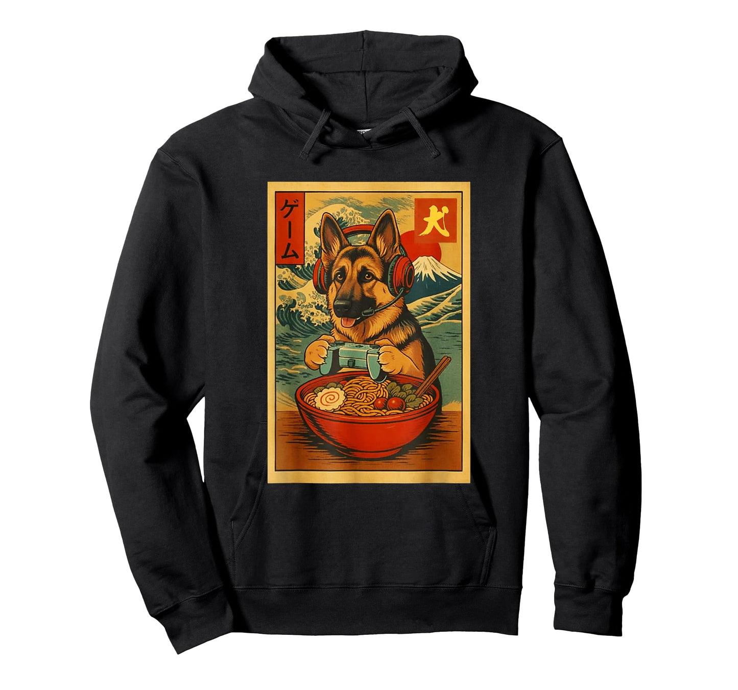 German Shepherd Gaming Ramen Ukiyo-e Great Wave Retro Art T-Shirt