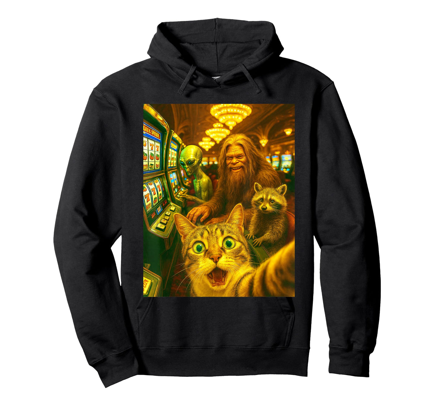 Cat Alien Bigfoot Casino Slot Machine Selfie Funny Gambling T-Shirt
