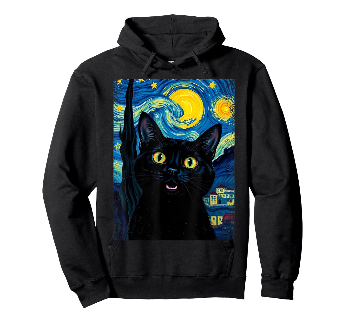 Black Cat Swirling Night Colorful Sky Starry Art Van Gogh T-Shirt