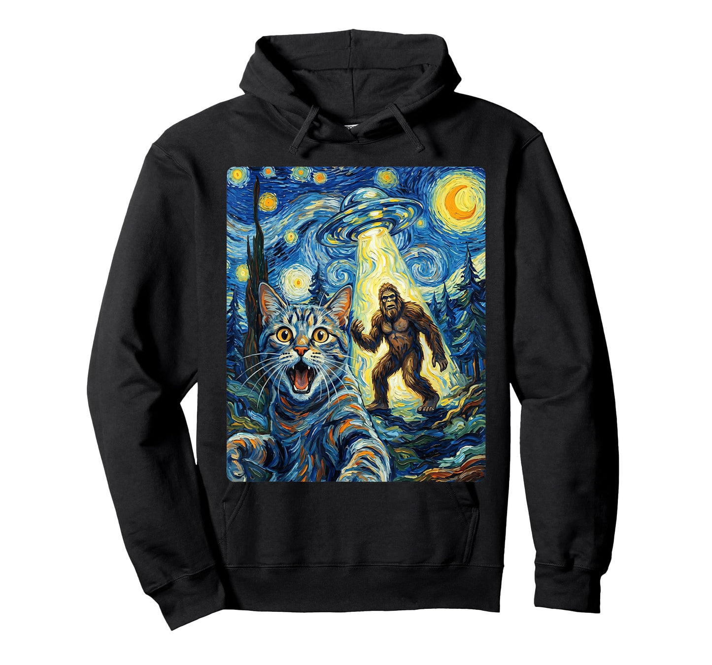 Cat Selfie with Bigfoot & UFO | Funny Sasquatch Cat Van Gogh T-Shirt