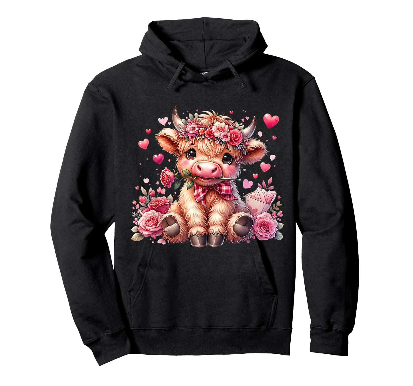 Valentine Highland Cow Print Cute Love Heart Flowers T-Shirt