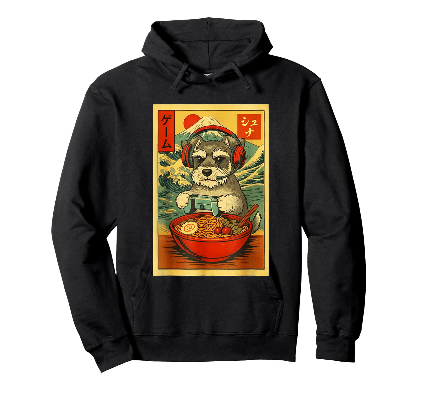 Schnauzer Dog Gaming Ramen Japanese Ukiyo-e Great Wave Retro T-Shirt