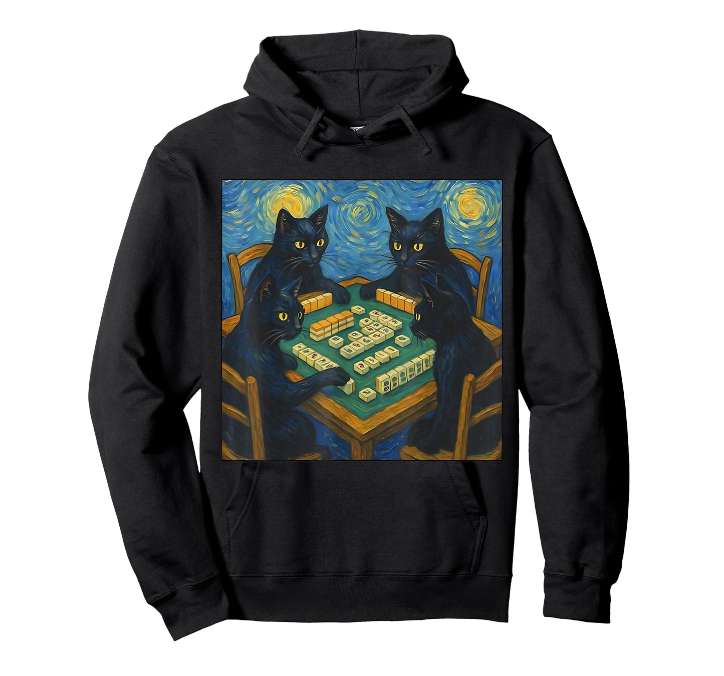Van Gogh Starry Night Cat Playing Mahjong Chinese Tile Game T-Shirt