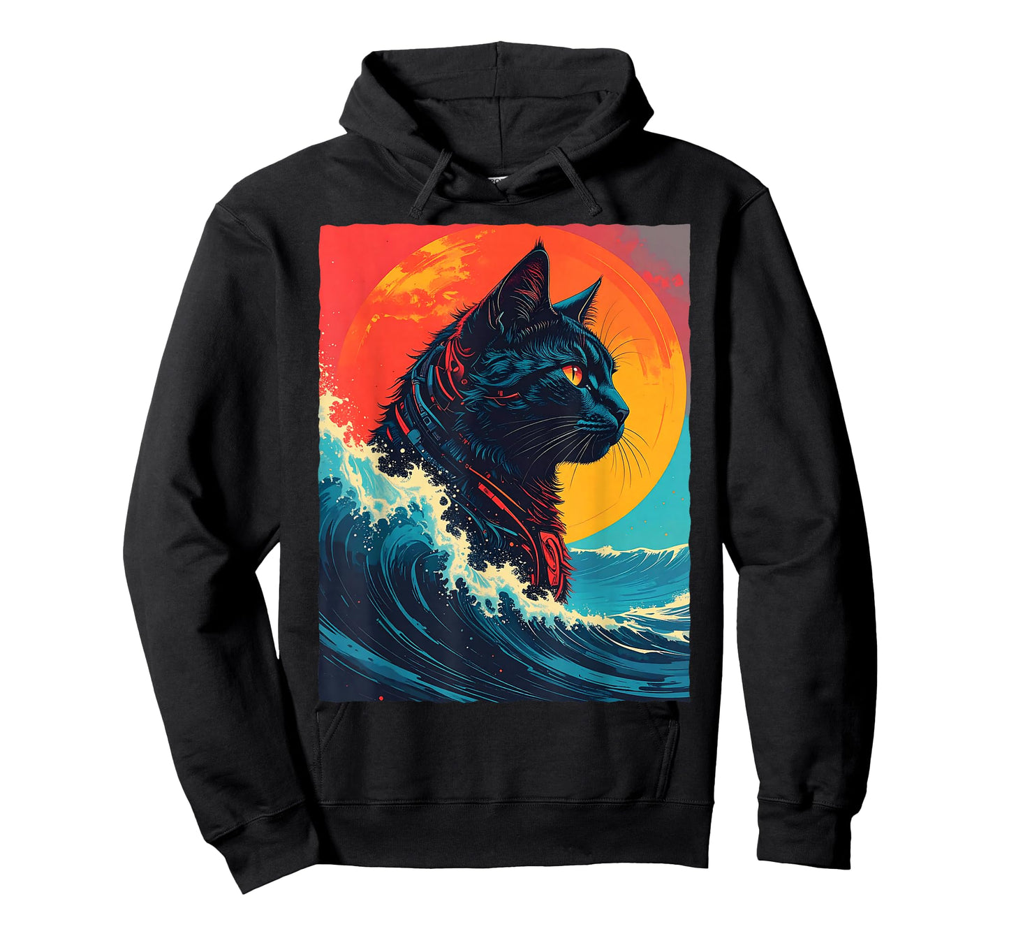 Great Kanagawa Wave Black Cat Robot Cyborg Sci-Fi Retro Sun T-Shirt