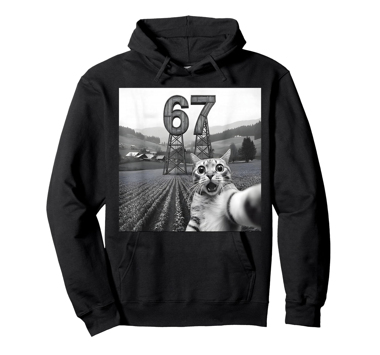 Cat Selfie with Tower 67 Funny Six Seven Cat T-Shirt