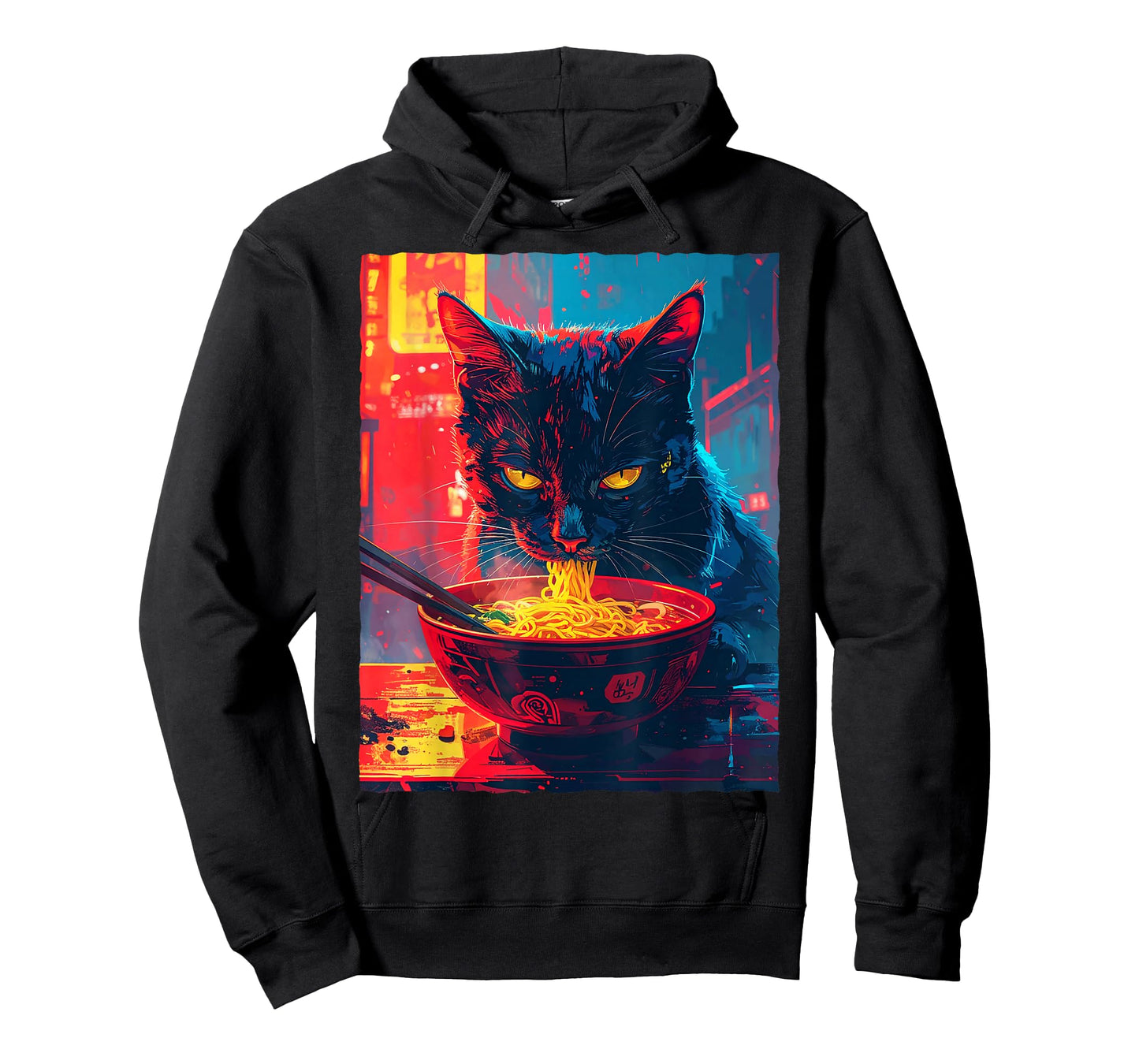 Black Cat Eating Ramen Noodles Anime Synthwave Japan T-Shirt